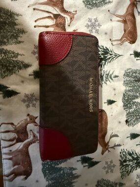 Michael Kors Brown Signature Monogram Wallet with Burgundy Accents